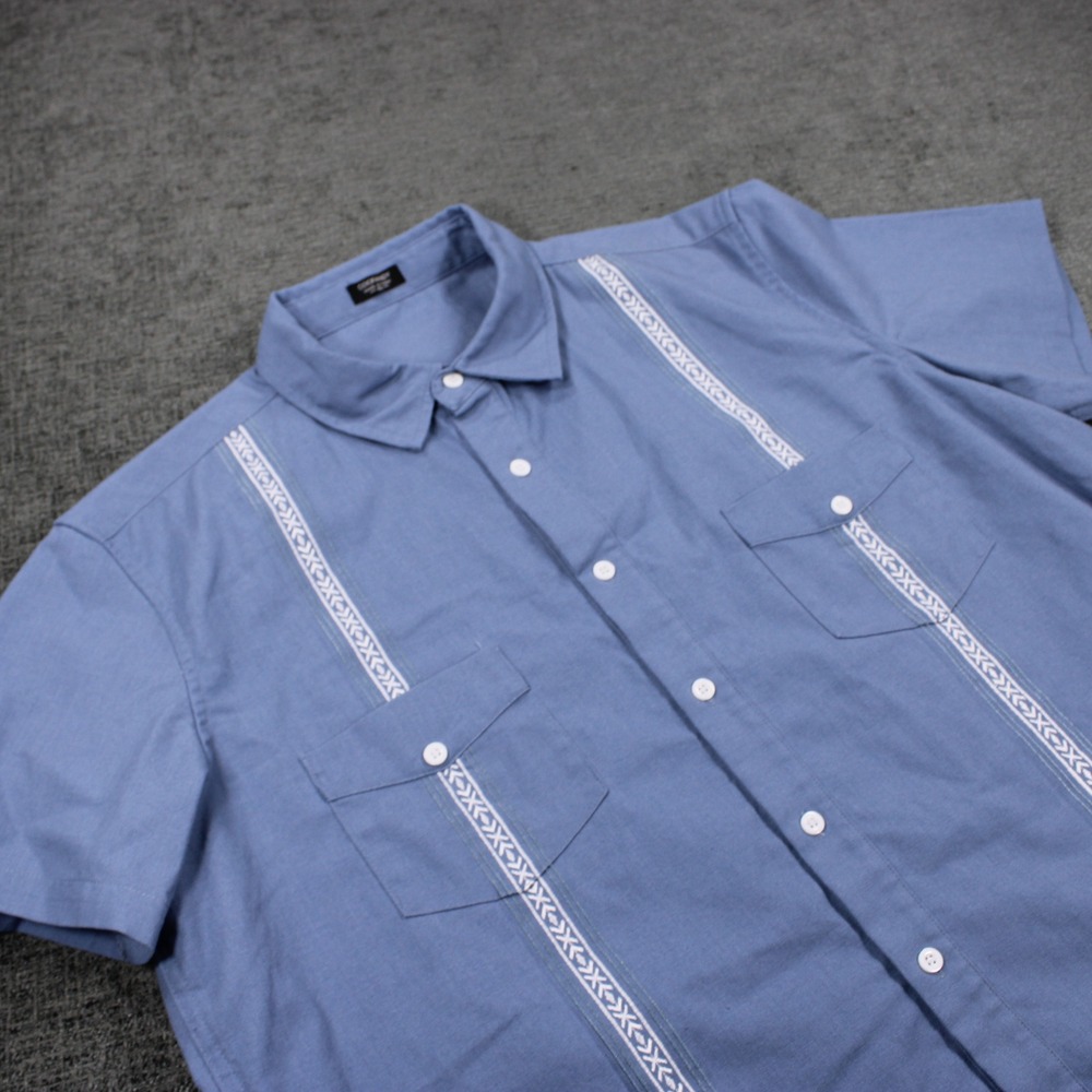 COOFANDY Mens Guayabera Shirt Blue Short Sleeve Embroidered Button Down XL